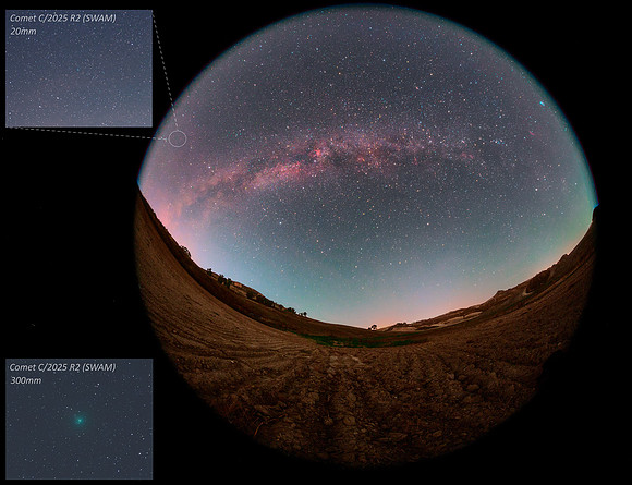 Milky Way and Comet C2025 R2 SWAM Above Sicilian Countryside