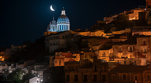 Earthshine Moon Above Ragusa Ibla