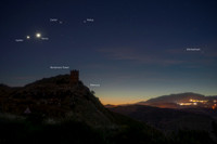 Venus Jupiter and Mercury Above Bordonaro Tower Caption