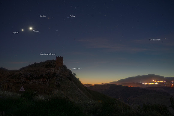 Venus Jupiter and Mercury Above Bordonaro Tower Caption