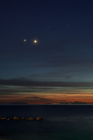 Venus Jupiter and Mercury Above the Eolie Island