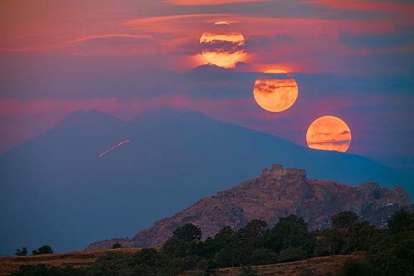 Strawberry Moon Above Mount Etna and Fiumedinisi Castle