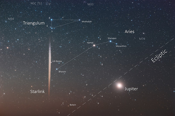 Aries, Triangulum, Jupiter and Starlinks Caption