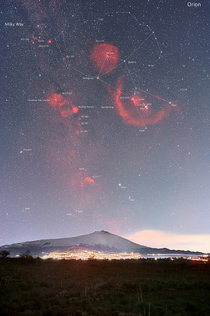 Red Orion And Milky Way Above Mount Etna Caption