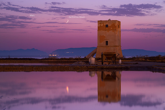 Earthshine Moon and Mars Above Nubia Tower Caption