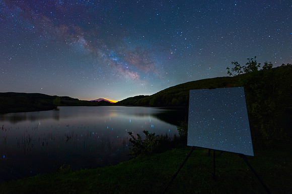 Milky Way Over Biviere di Cesarò Lake and North Sky Reflection - Sicily