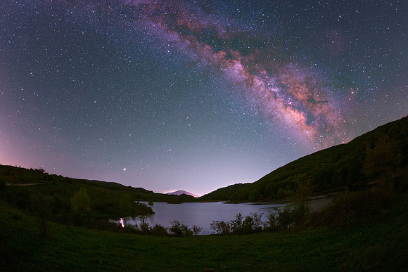 Milky Way With Jupiter and Saturn Above Mount Etna and Lake Biviere Di Cesarò