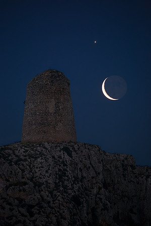 Moon And Venus Alignment Above Saint Emiliano Tower - Puglia
