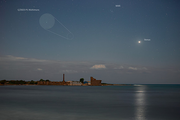 Venus, M44 and Comet Nishimura Above Vendicari Caption
