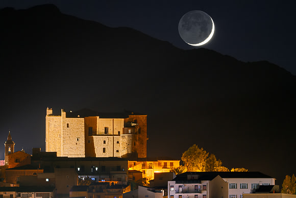 Earthshine Moonset Over Castelbuono Castle