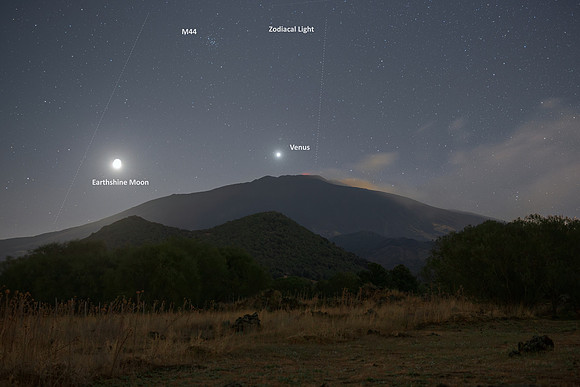 Earthshine Moon Venus and M44 Alignment Above Mount Etna Caption