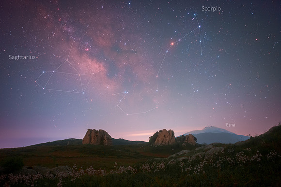 Scorpio and Sagittarius Above Etna and Argimusco Caption