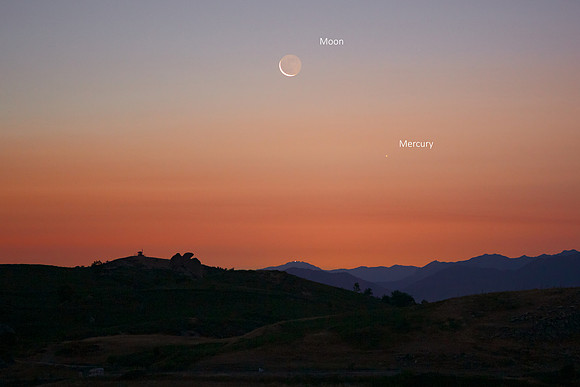 Earthshine Moon and Mercury alignment Above The Argimusco Plateau Caption Crop