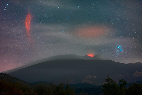 California Nebula and Pleiades Rising Over Mount Etna