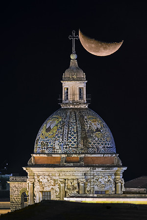 Moon Above The Dome Of Carmine Maggiore Church - Palermo