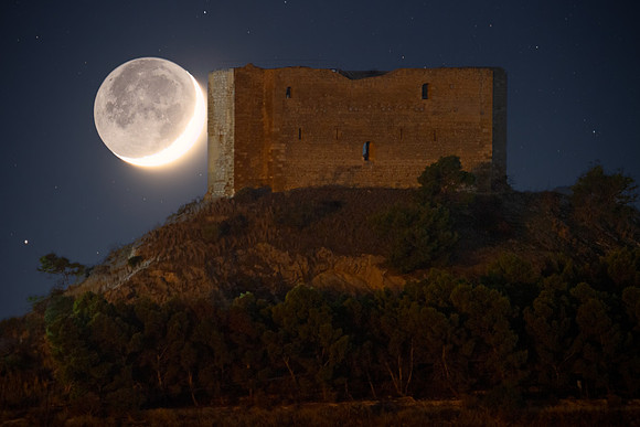 Earthshine Moon Kissing The Little Castle Of Gela