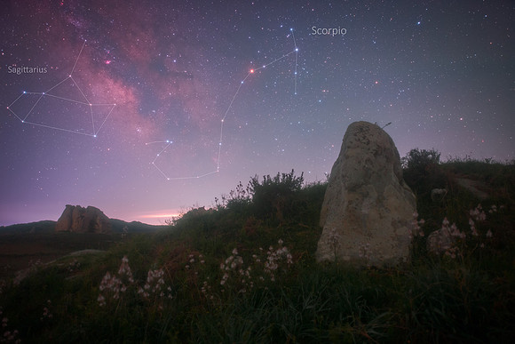Scorpio and Sagittarius Above The Argimusco's Rocks Caption