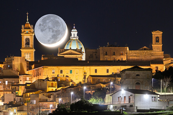First 2024 Earthshine Moon Above The Basilica of San Giuliano crop