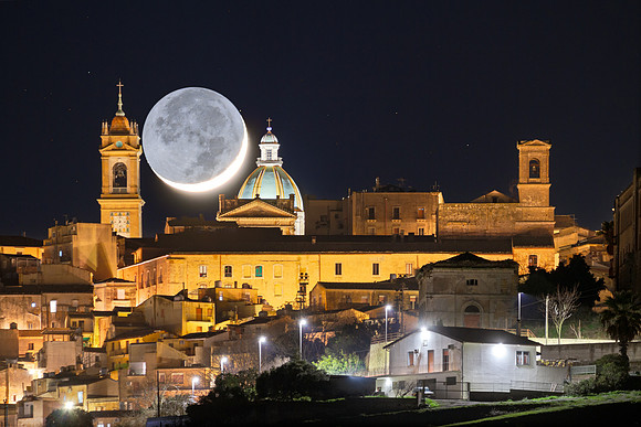 First 2024 Earthshine Moon Above The Basilica of San Giuliano