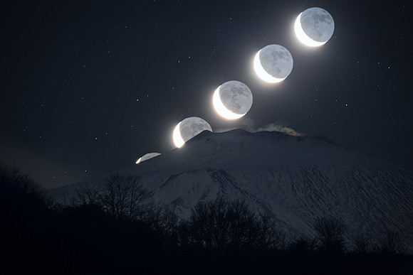 Earthshine Moon Trail Above Mount Etna