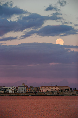 Super Moon and Surreal Colors Above Ortygia's Sea