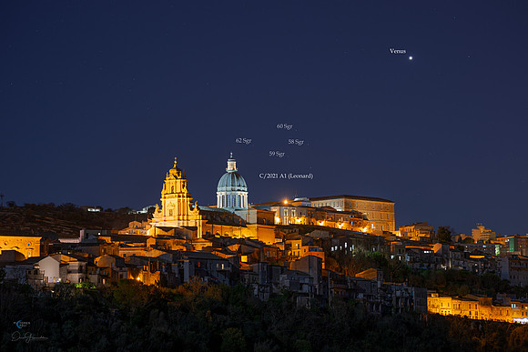 Comet Leonard and Venus Above Ragusa Ibla - Unesco Site - Sicily Caption