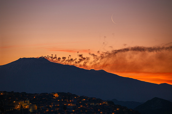 Earthshine Moon Above Mont Etna and Gangi