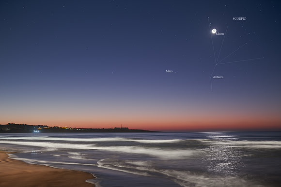 Earthshine Moon in Scorpio With Mars and Antares Above a Sicilian Shore Caption