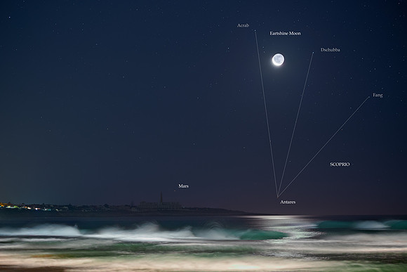 Earthshine Moon in Scorpio With Mars and Antares Above a Sicilian Shore 2 Caption