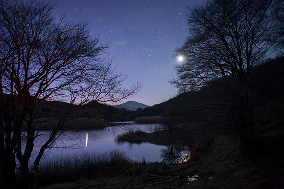 Moon and Venus Among the Trees and Waters of Lake Biviere di Cesarò
