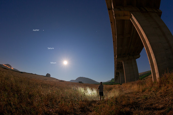 Jupiter, Saturn and Moon Alignment In The Countryside Near Segesta - Sicily - Caption