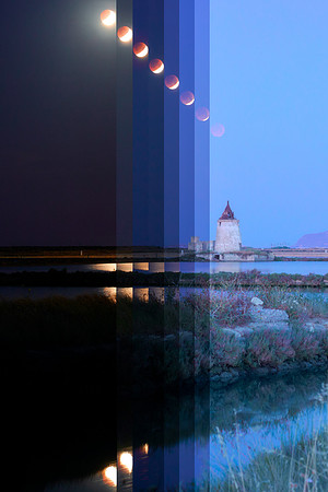 Lunar Eclipse From Night to Twilight At Trapani Salt Ponds