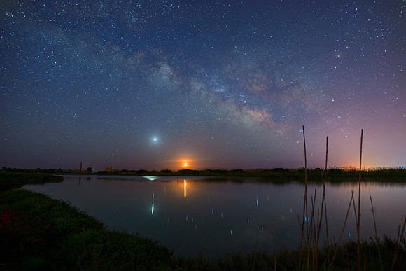 Venus Mars and Earthshine Moon With Summer Milky Way Above Vendicari - Sicily