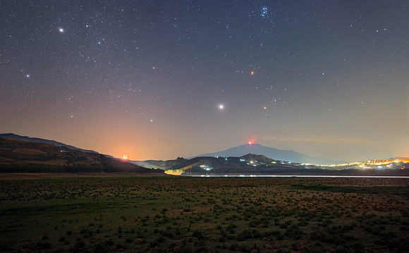Collection of Celestial object Over Mount Etna and Pozzilo Lake