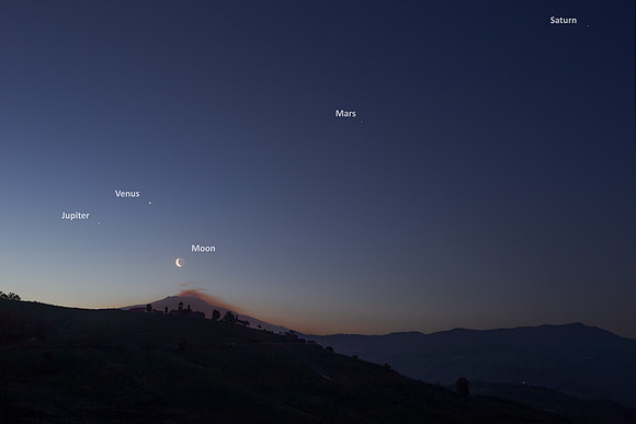Four Planets and Earthshine Moon Alignment Above Mount Etna and Borgo Giuliano caption