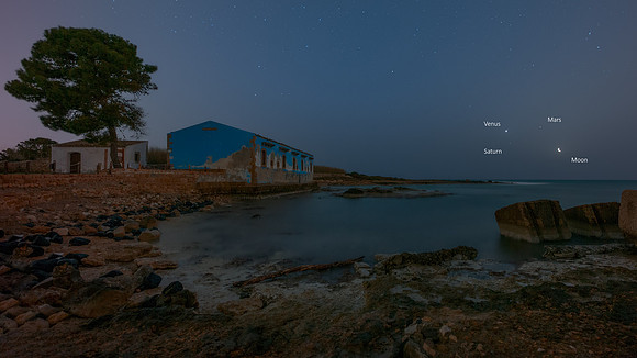 Venus, Mars, Saturn And The Earthshine Moon Alignment At Vendicari Reserve Caption