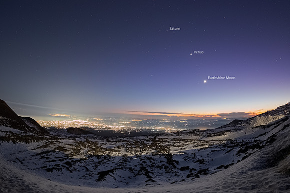 Saturn Venus and Earthshine Moon Alignment Above Mount Etna Caption