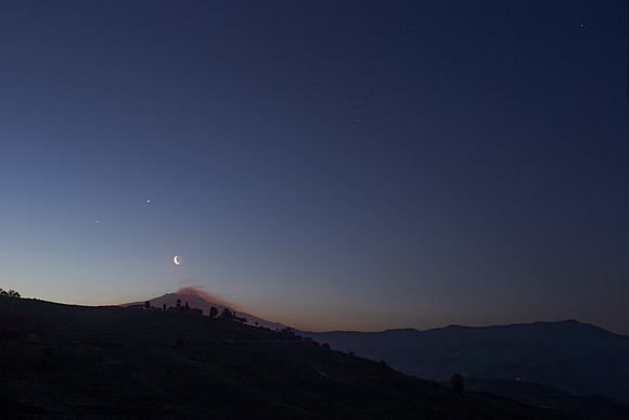 Four Planets and Earthshine Moon Alignment Above Mount Etna and Borgo Giuliano