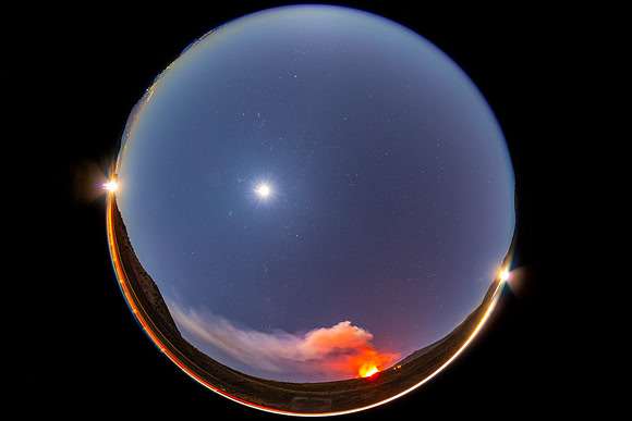 Full Sky View With Etna Eruption Moon And a Faint Milky Way