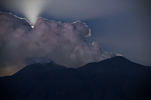 Lunar Rays During Mount Etna Eruption