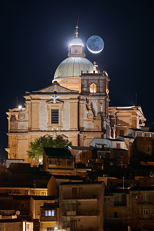 Earthshine Moon Above The Basilica of Piazza Armerina