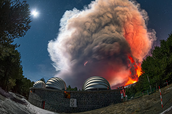 Moon Lightening and The Eruption Cloud Above Mount Etna
