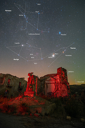 Conjunction Between Jupiter and Mars With Perseides Above Old Poggioreale Caption
