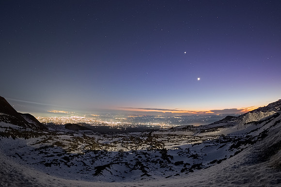 Saturn Venus and Earthshine Moon Alignment Above Mount Etna